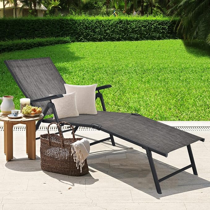 Tangkula Folding Lounge Chair Outdoor, Recliner Chaise Lounge with 5-Position Adjustable Backrest & 2-Position Footrest, No Assembly Required, Suitable for Patio Poolside Beach Yard (1, Grey)