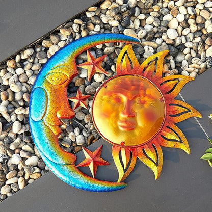 Large 19 Inch Metal Sun Moon Star Wall Art Decor, Bright Color Inspirational Valentine, Resistant to Rust Metal Sculpture Hanging for Indoor Outdoor Home Living Room Office Yard Garden