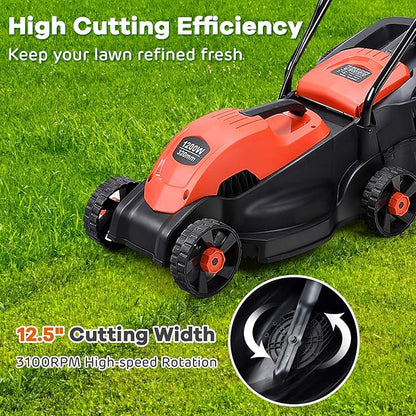 Happygrill Lawn Mower 13-Inch Electric Lawn Mower, Handle Push Corded Lawn Mowers with Grass Bag, Folding Handle, Adjustable Cutting Height for Garden Yard, 12 Amp,Red