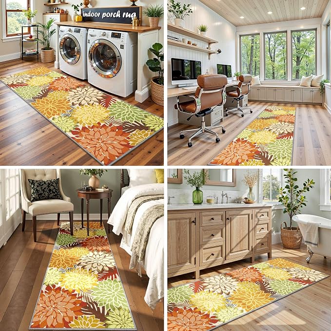 Colorful 2x6 Washable Runner Rug for Hallway Tropical Botanical Modern Floral Chenille Kitchen Rugs Low Pile Non Slip Carpet for Patio, Bedroom, Laundry, Orange