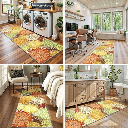 Colorful 2x6 Washable Runner Rug for Hallway Tropical Botanical Modern Floral Chenille Kitchen Rugs Low Pile Non Slip Carpet for Patio, Bedroom, Laundry, Orange