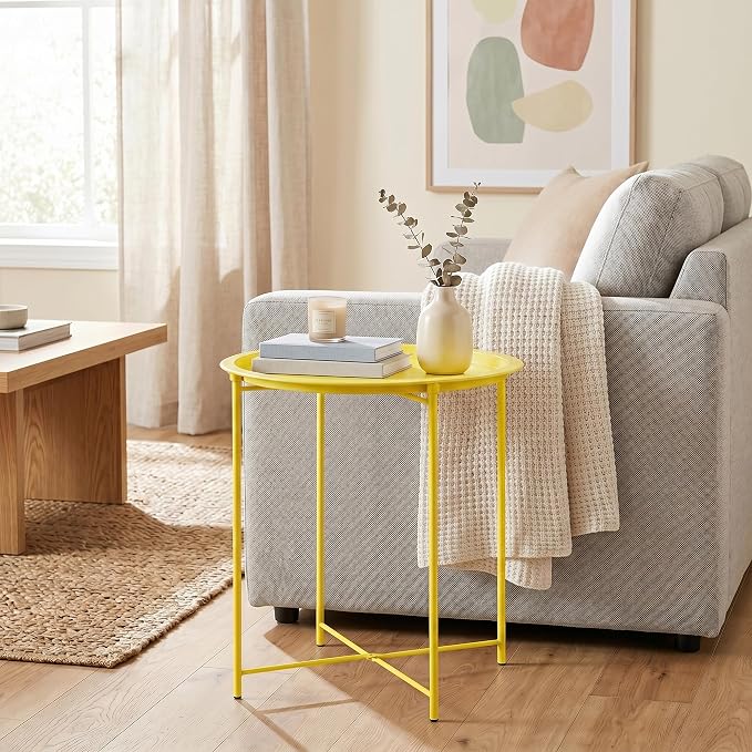 VECELO Side/End Table, Folding Round Metal Anti-Rust and Waterproof Outdoor or Indoor Tray for Living Room Bedroom Balcony and Office, 1 PCS,Yellow
