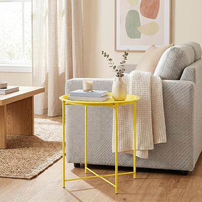 VECELO Side/End Table, Folding Round Metal Anti-Rust and Waterproof Outdoor or Indoor Tray for Living Room Bedroom Balcony and Office, 1 PCS,Yellow