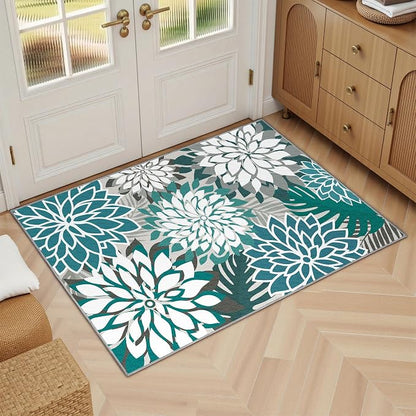 Arenarug 2x3 Colorful Washable Small Rug Tropical Botanical Modern Floral Indoor Chenille Door Mat Carpet Non Slip for Patio, Entry Way, Entrance, Porch, Teal