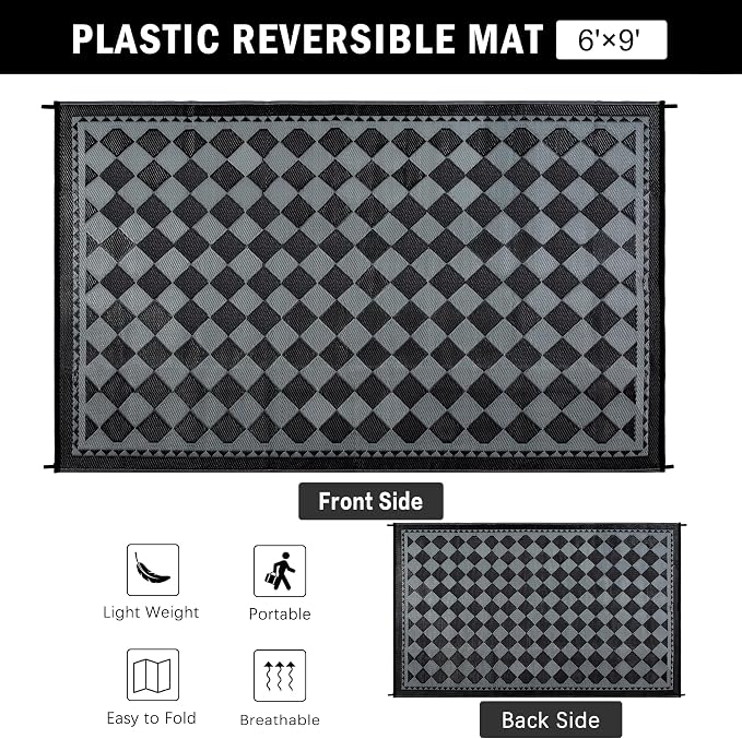 HUGEAR Outdoor Waterproof Rug 6'x9' Plastic Straw Rugs Washable Reversible Floor Mat Black/Grey Plaid Carpet for Camping RV Deck Entryance Porch Picnic Balcony Beach Backyard