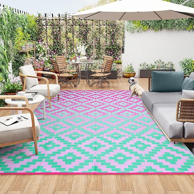 Anidaroel Ombre Outdoor Rugs for Patios Clearance Waterproof, 6x9 Reversible Geometric Plastic Straw Outside Area Rugs, RV Camping Mat for Balcony, Pool Deck, Picnic, Backgard(Green&Pink,6‘x9')