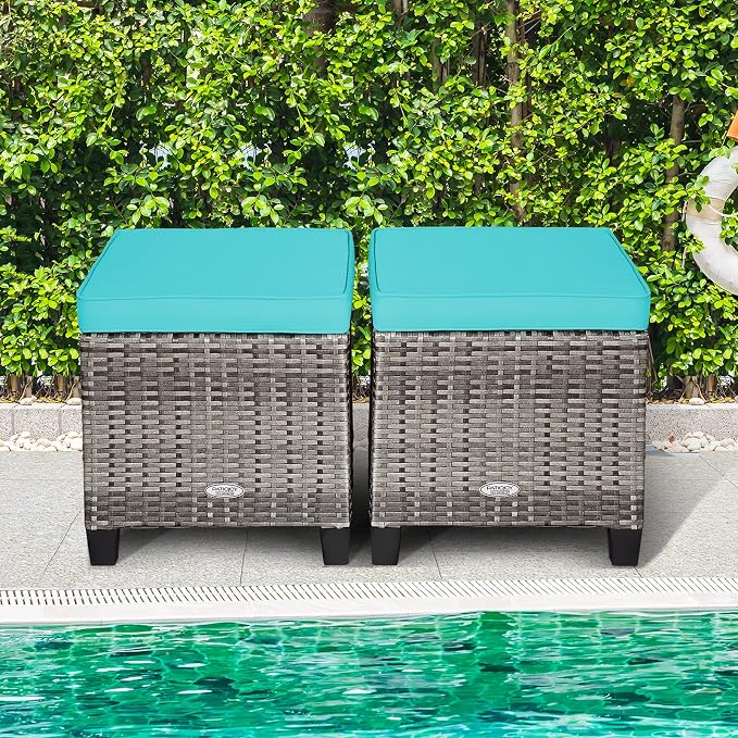 Tangkula 2 Pieces Patio Rattan Ottomans, Outdoor Wicker Footstool Footrest Seat with Soft Cushions and Steel Frame, All-Weather Patio Ottoman Set for Backyard Garden Poolside