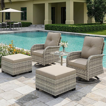 5-Piece Small Patio Furniture Set, Outdoor Swivel Rocking Chairs Set with Ottomans, Patio Bistro Set for Balcony, Deck, Porch, Khaki