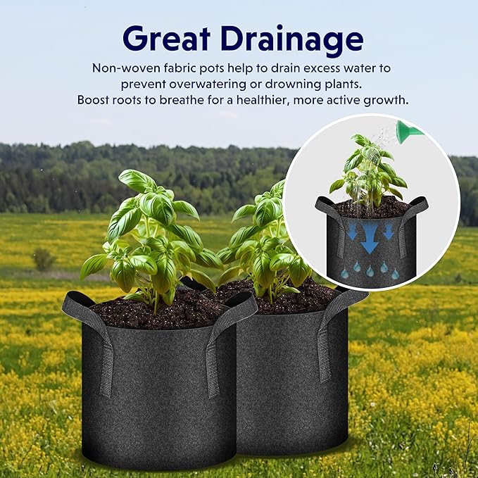 iPower 5-Pack 3 Gallon Plant Grow Bags Thickened Nonwoven Aeration Fabric Pots Heavy Duty Durable Container, Strap Handles for Garden, Black