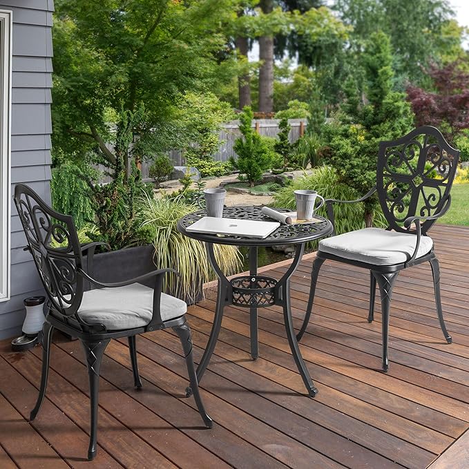 NUU GARDEN 3-Piece Cast Aluminum Bistro Set, Outdoor Patio Bistro Table and Chairs with Umbrella Hole and Grey Cushions, Black