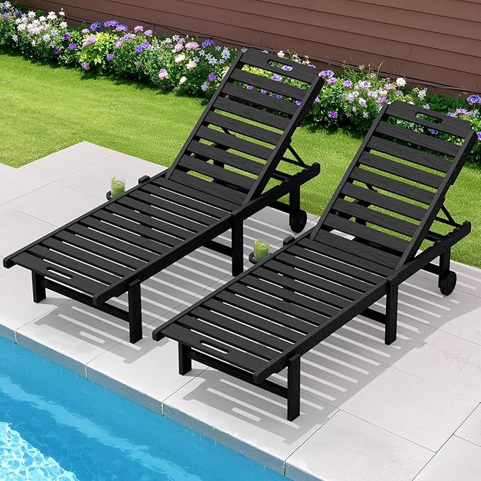 SERWALL Patio Lounge Chair Set of 2, HDPE Outdoor Lounger with Cup Holder, 5 Positions Adjustable Pool Lounger with Rolling Wheels for Poolside, Black