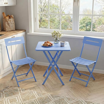 GarveeTech 3-Piece Folding Bistro Set, Heavy Duty Outdoor Patio Furniture with 2 Chairs & 1 Table, Weather-Resistant Steel Frame, No Assembly Required for Garden, Yard, Balcony,Blue