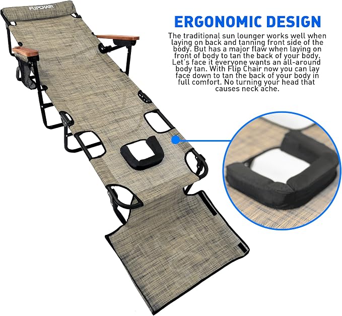 EASYGO PRODUCTS FLIP Face Down Tanning Chaise Lounge Chair with Face & Arm Holes - 4 Legs Support - Textilene Material - 6 Position - Arm Head Rest Pillow - Beach or Home Use