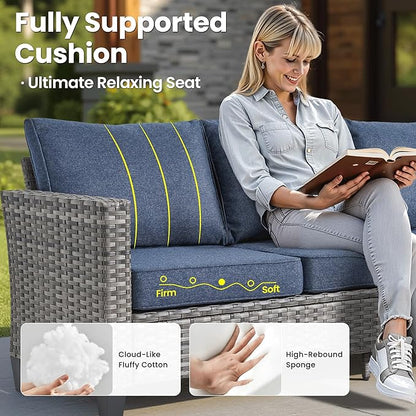 ovios 5 Pieces Patio Furniture Set, Outdoor Wicker Sofa Couch with Rocking Swivel Chairs Solar Lights Table, Modern Deep Seat Rattan Conversation Sets for Porch Deck, Denim Blue