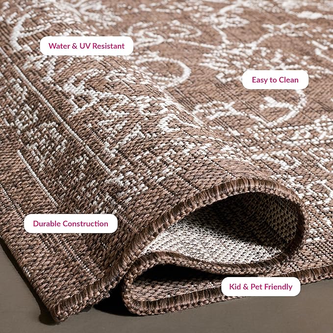 SAFAVIEH Washable Rug Outdoor Courtyard Collection - 7'10" Square, Brown & Ivory, Non-Shedding & Easy Cleaning, Ideal for Patio, Backyard, Mudroom (CY8680-36321)