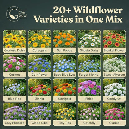 Wildflower Seed Shaker – Annual Mix by GevaGrow | 17 Variety Flower Seeds for Planting in Pots & Outdoor Gardens, Bulk 300,000+ Seeds - 1 Pound Tub
