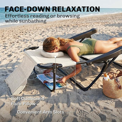 Outsunny Tanning Chaise Lounge Chair, 4-Position Beach Chair with Face & Arm Holes, Pillow headrest, Adjustable Sunbathing Chair, Cream White