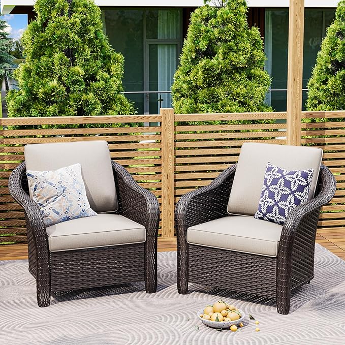 Patio PE Rattan Chairs Set of 2, All-Weather & Steel Frame Outdoor Conversation Furniture Set with Washable Cushions for Garden, Bistro, Deck, Yard (Beige)