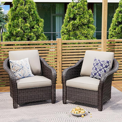 Patio PE Rattan Chairs Set of 2, All-Weather & Steel Frame Outdoor Conversation Furniture Set with Washable Cushions for Garden, Bistro, Deck, Yard (Beige)