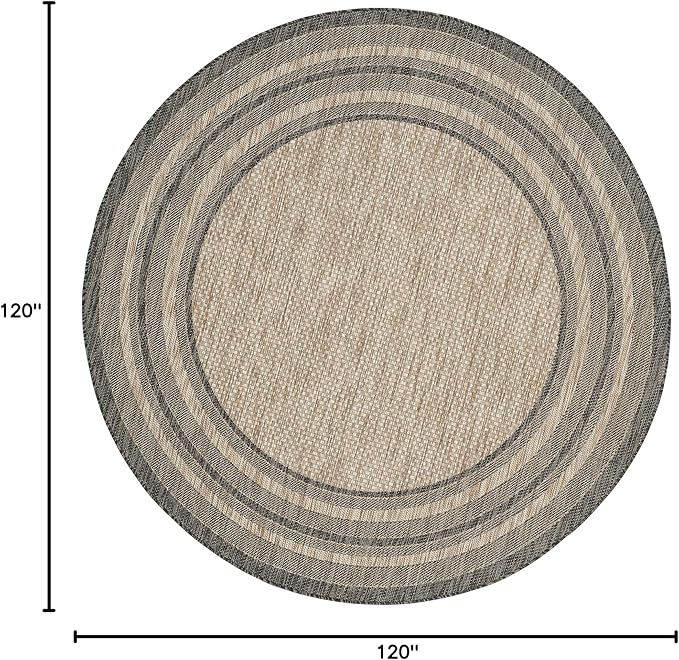 SAFAVIEH Washable Rug Outdoor Courtyard Collection - 10' Round, Natural & Black, Non-Shedding & Easy Cleaning, Ideal for Patio, Backyard, Mudroom (CY8475-37312)