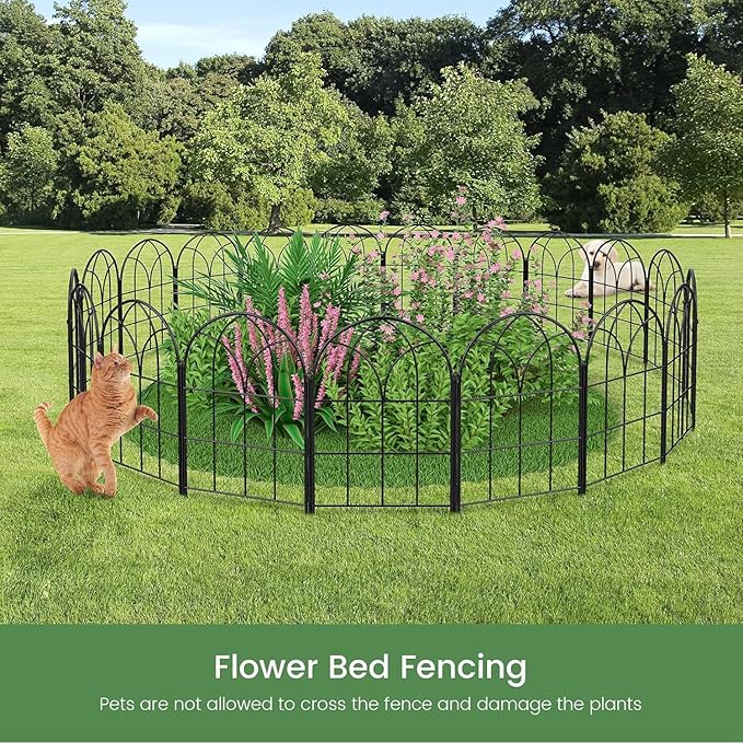 Youpehom Decorative Garden Fence, Large 10 Panels, 31.9 in H x 24.1 ft L No Dig Metal Border Fencing with Stakes, Animal Barrier for Dogs Rabbits, Flower Beds Yard, Black