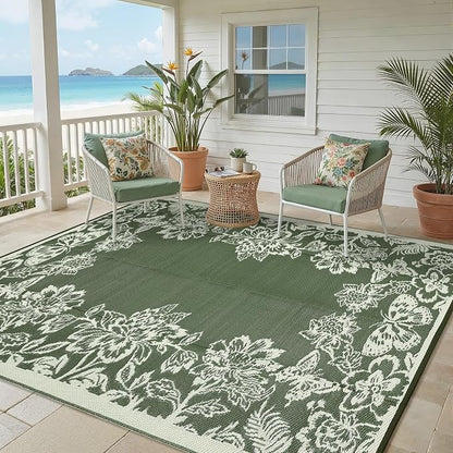 Garvee 5’x8’ Waterproof Patio Outdoor Rug, Outdoor Plastic Straw Rug for Camping, RV Mat Outside, Indoor Outdoor Carpet for Porch, Deck, Backyard, Balcony, Picnic, Ssage Green & White