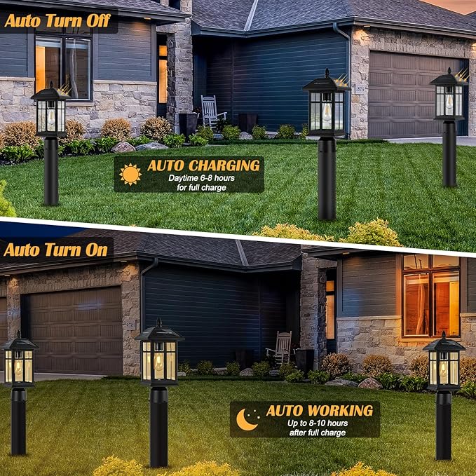 Solar Post Lights 2 Packs, Waterproof Post Lantern with Pier Mount Base, Aluminum Post Lamp Warm White Bulb Included for Yard Garden Pillar Pole Pathway
