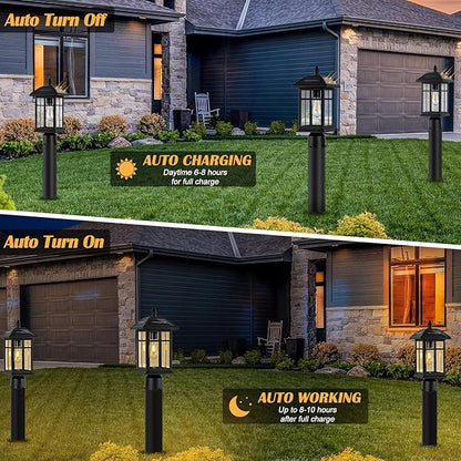 Solar Post Lights 2 Packs, Waterproof Post Lantern with Pier Mount Base, Aluminum Post Lamp Warm White Bulb Included for Yard Garden Pillar Pole Pathway