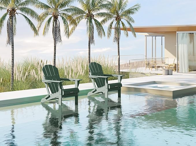 MUCHENGHY Folding Adirondack Chairs Set of 2, Patio Chairs, Lawn Chairs, Outdoor Chairs, Adirondack Chair Plastic, Fire Pit Chairs, Weather Resistant with Cup Holder for Deck, Backyard, Garden(Green)