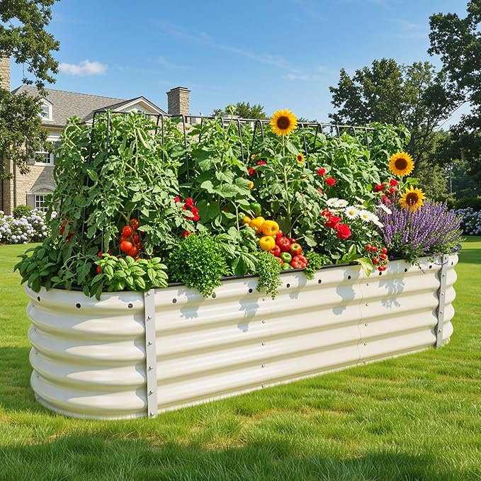 YITAHOME 6.5x2x1.5ft Large Raised Garden Bed Kit, 17" Tall 6 in 1 Galvanized Metal Planter Box with Gloves & Safety Rubber, Outdoor Above Ground Planters for Plants Vegetables Flowers, Cream Yellow