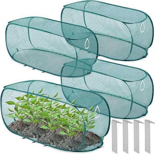 4 Pcs 39" x 18" x 16" Pop up Garden Mesh Plant Cover Outdoor Plant Protector Garden Row Raised Bed Cover with Ground Nails Crop Cage Net for Seedlings Vegetable Fruit Herbs (Dark Green)