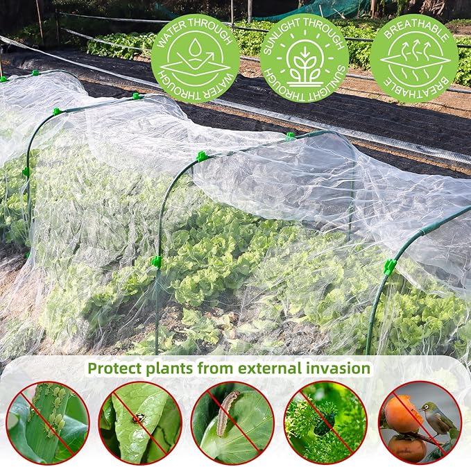 Garden Netting Kit, 10x30 Ft Pest Barrier Bird Ultra Fine Mesh Netting with 6Sets Garden Hoops & 36 Clips for Raised Beds, Garden Plants Net Protection for Vegetable Fruit Flowers Greenhouse Row Cover