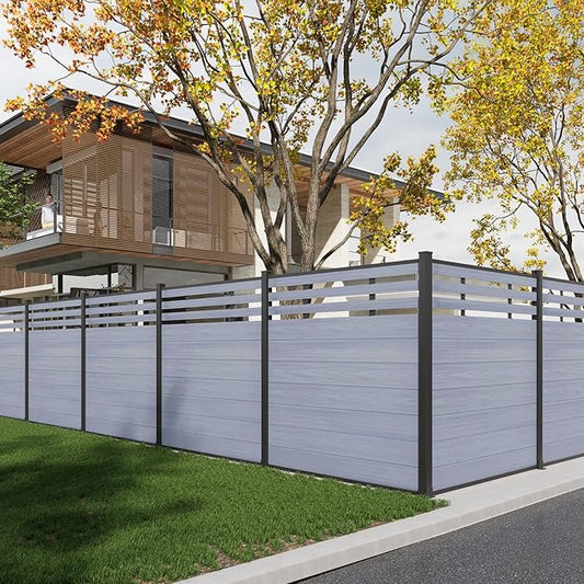 Mondaria Semi-Closed Privacy Fence Panels with 1 Post for Outside, 6ft(W) x 6ft(H), Wind Resistant Wood Plastic Composite Fencing Panels for Patio, Backyard, Garden and Pool, Gray