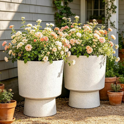 16.75"H Urn-Style Tall Planters, 2-Pack Modern Large Flower Pots for Outdoor Indoor, 2-in-1 Design Plant Containers for Garden Patio Yard Balcony Porch or Home Decor, White Terrazzo, UV-Protect