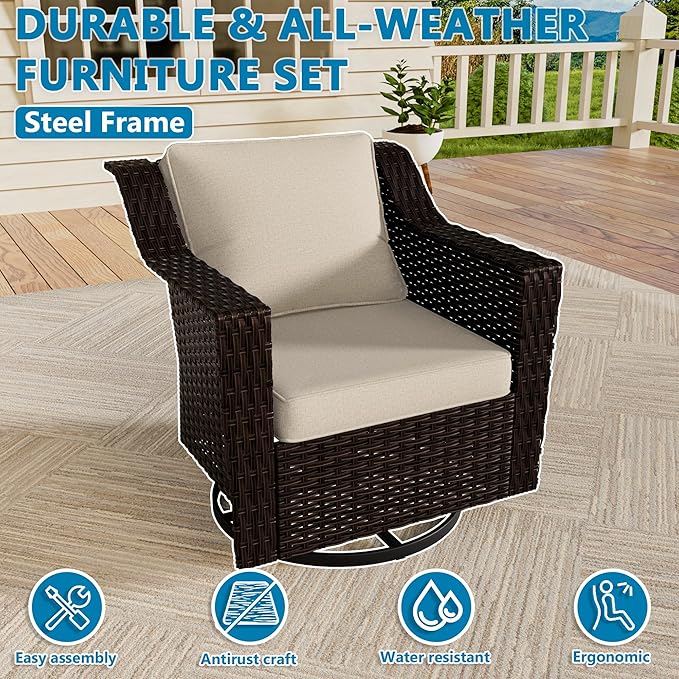 Vista Vibe Outdoor Patio Deep Seat Luxurious Chair - 360 Degree Swivel Glider Rocker Chair with Washable Cushions, Hand-Woven & All-Weather PE Rattan, Balcony, Yard (Brown/Beige)
