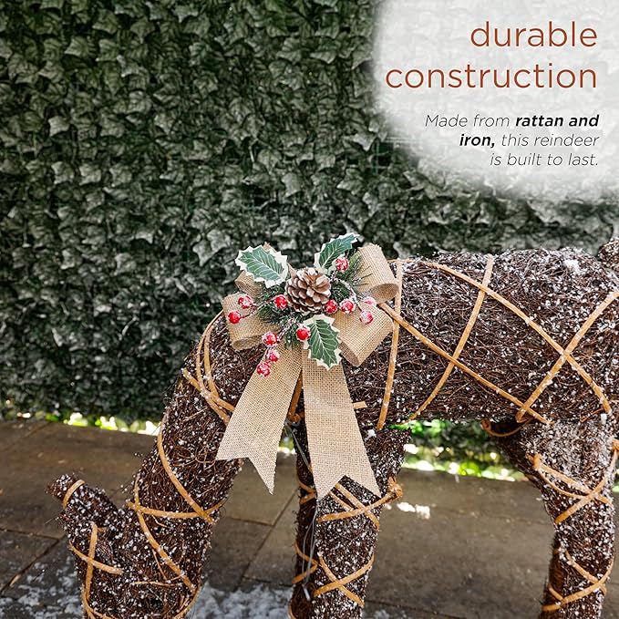 Alpine Corporation 29" Tall Natural Twig Wrapped Rattan Grazing Deer with Warm White LED Lights, Indoor/Outdoor Rustic Holiday Decoration, Brown