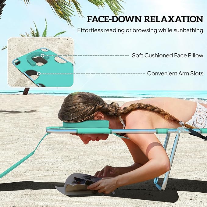 Outsunny Chaise Lounge Chairs Set of 2 Outdoor with Face Arm Hole, 5-Position Reclining Face Down Tanning Chairs with Carry Strap, Side Pocket, Portable Folding Bed Cots for Patio Pool, Light Green