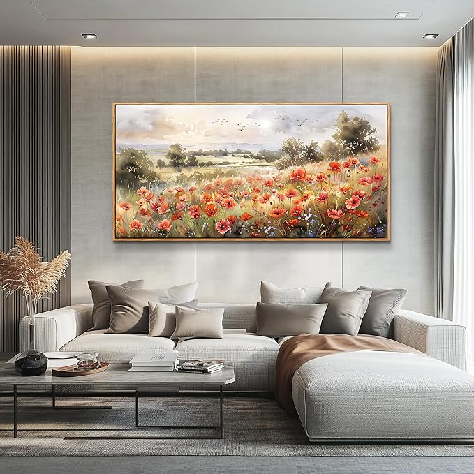 QIYILEXWART Canvas Wall Art For Living Room Wall Decor For Bedroom Office Wall Decoration Red Blooms Field Landscape Painting Farmhouse Pictures Artwork Room Aesthetic Home Decor 20x40 In