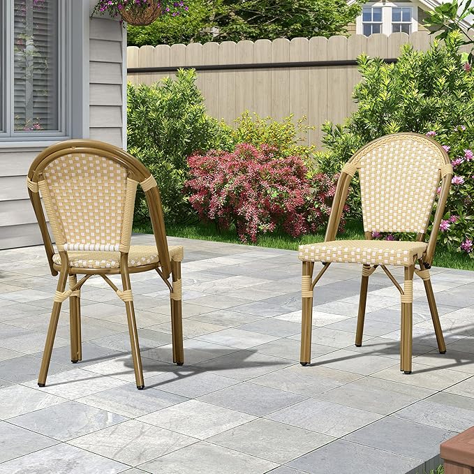 PURPLE LEAF Bistro Chair (Set of 2) French Hand-Woven Wicker Chairs for Outdoor Patio Porch Garden Indoor, Bamboo Print Finish, Cream Yellow, Dining Chairs