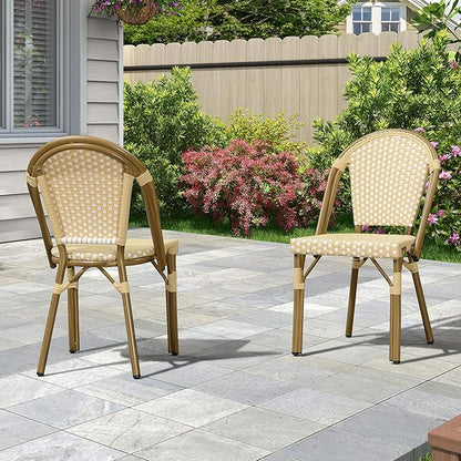 PURPLE LEAF Bistro Chair (Set of 2) French Hand-Woven Wicker Chairs for Outdoor Patio Porch Garden Indoor, Bamboo Print Finish, Cream Yellow, Dining Chairs