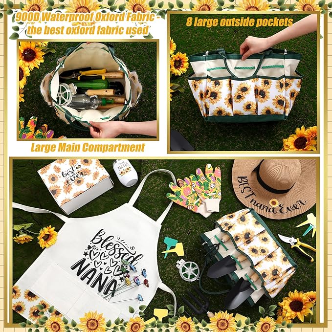 Lasnten 16 Pcs Mothers Day Garden Gift for Nana Women Garden Tools Sunflower Birthday Gardening Supplies from Grandson Gloves Apron Insulation Cup Fork Trowel Tote Bags for Plant Lover Present
