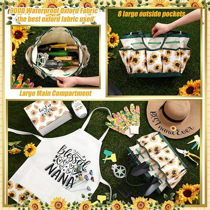 Lasnten 16 Pcs Mothers Day Garden Gift for Nana Women Garden Tools Sunflower Birthday Gardening Supplies from Grandson Gloves Apron Insulation Cup Fork Trowel Tote Bags for Plant Lover Present