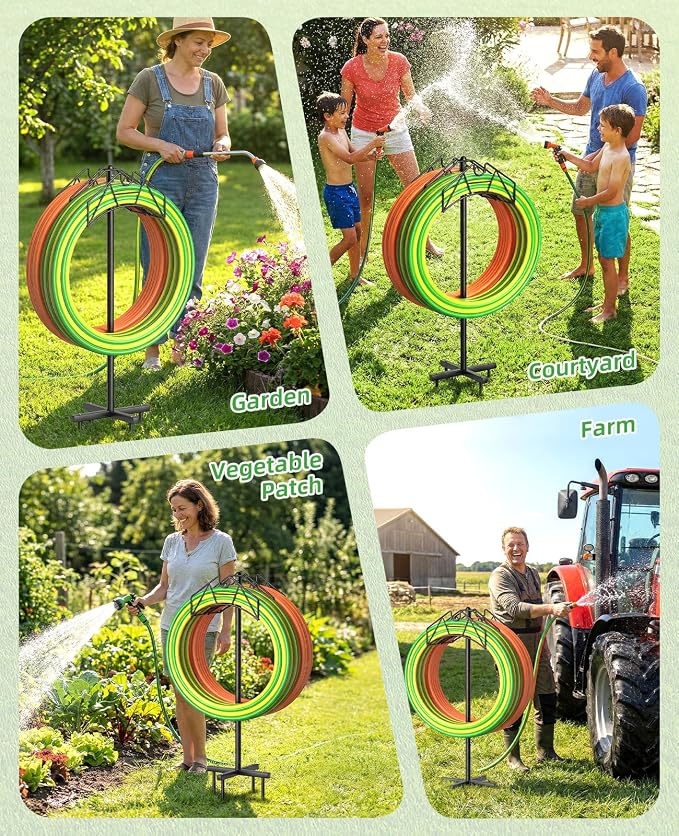 Garden Hose Holder, Double-Sided Water Hose Holder Stand Holds 2×160ft, Heavy Duty Freestanding Hose Storage Rack Hanging with Spikes, Metal Hanger for Outside Garden Yard Lawn Farm Gardening Tools