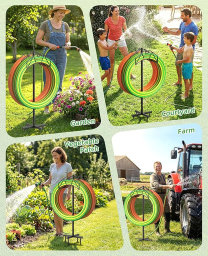 Garden Hose Holder, Double-Sided Water Hose Holder Stand Holds 2×160ft, Heavy Duty Freestanding Hose Storage Rack Hanging with Spikes, Metal Hanger for Outside Garden Yard Lawn Farm Gardening Tools