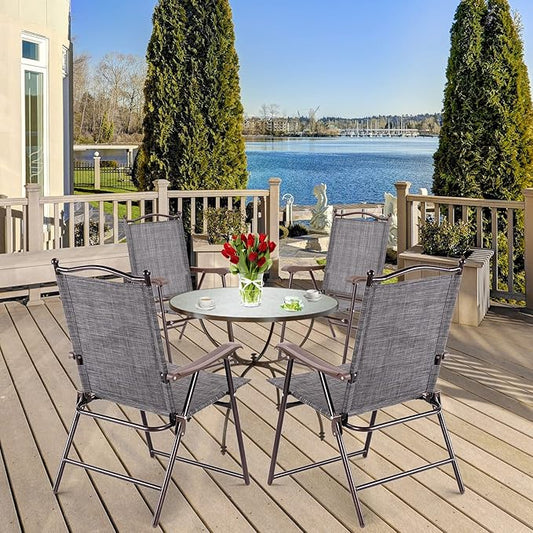 Tangkula Set of 4 Patio Folding Dining Chairs, Outdoor Sling Lawn Chairs with Armrests, Steel Frame, Portable Camping Lounge Chairs for Backyard, Deck, Poolside and Garden, No Assembly (2, Grey)