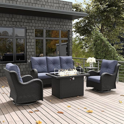 LayinSun 5 Pieces Outdoor Patio Furniture Set with Fire Pit Table, Rattan Wicker Sectional Swivel Rocker Chairs Sets with Swivel Glider Chair and Coffee Table