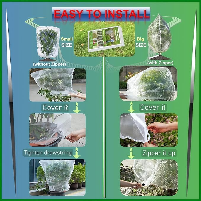 Fruit Tree Netting (6 Pack 2.6x3.3 FT)- Easy Install Plant Protection Cover, Reusable Garden Mesh Bag for Blueberry Bushes/Tomato - Block Birds/Insect/Squirrels