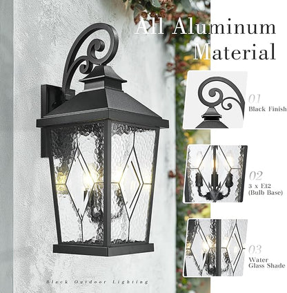 Emliviar Outdoor Light Fixture for Porch, 27-Inch Extra Large Exterior Porch Lantern Light, Waterproof Aluminum Outdoor Wall Sconce in Black Finish, WE301BL-SD BK