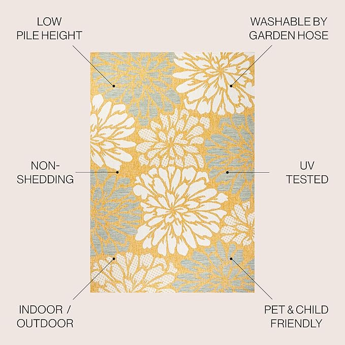 JONATHAN Y Floral Textured Weave Indoor Outdoor Round Area Rug 5 Ft Yellow/Cream, Zinnia Modern for Backyard, Patio, Porch, Easy-Cleaning, High Traffic, Pet-Friendly, Non-Shedding (SMB110G-5R)