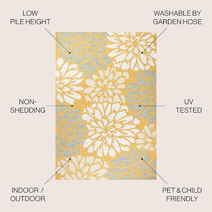 JONATHAN Y Floral Textured Weave Indoor Outdoor Round Area Rug 5 Ft Yellow/Cream, Zinnia Modern for Backyard, Patio, Porch, Easy-Cleaning, High Traffic, Pet-Friendly, Non-Shedding (SMB110G-5R)